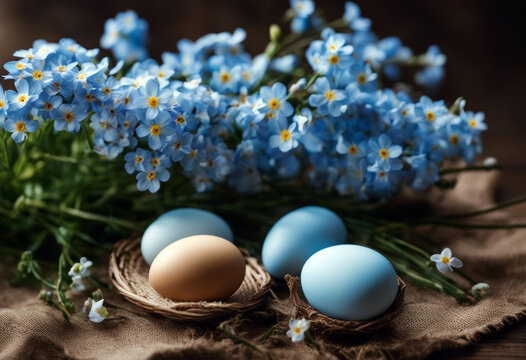 not blue flowers table eggs Easter forget Wood Backgrounds Space Paint Celebration Candy Yellow Season Pastel Decoration Springtime Plank Soft focus Rustic Symbol