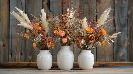 floral arrangement with dried and fresh flowers in trio of white ceramic vases