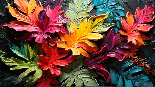 Oil painting of colorful tropical leaves illustration.