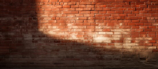 A brick wall with a shadow of a person cast upon it, showcasing the warm brown tones of the brickwork. The pattern is enhanced by the amber tint, creating a peachcolored ambience