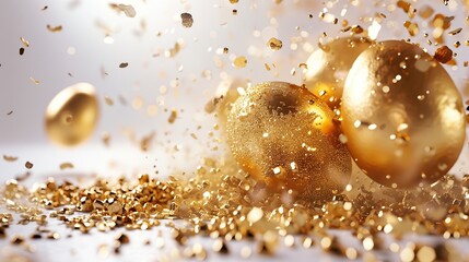 Golden Easter eggs with falling confetti on light background.