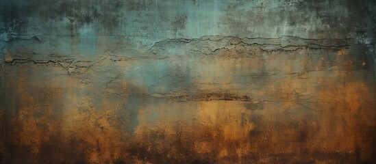 A close up of a weathered brown metal wall with a blurred natural landscape background featuring...