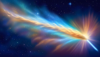 A digital painting of a comet with a long tail, soaring through a night sky filled with stars