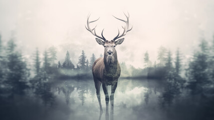 Double Exposure of a Buck standing in a pond in a Forest setting ~ Created using Generative AI
