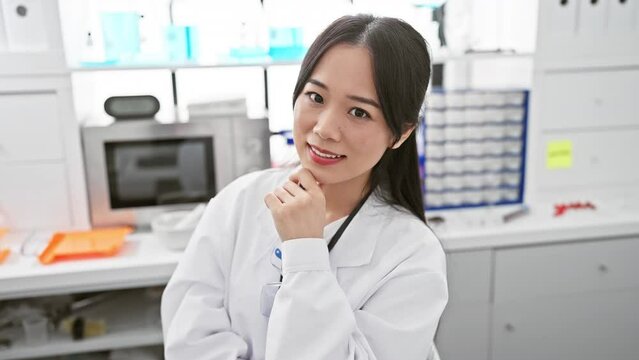 Beautiful and confident young chinese woman scientist smiling at the camera, hand on chin and arms crossed, deep in positive thought in her lab.