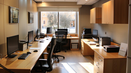 茶色い内装のオフィスフロア　インテリアイメージ