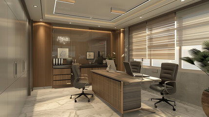 茶色い内装のオフィスフロア　インテリアイメージ