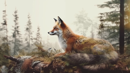 Double Exposure of a Red Fox in the Woods ~ Created using Generative AI