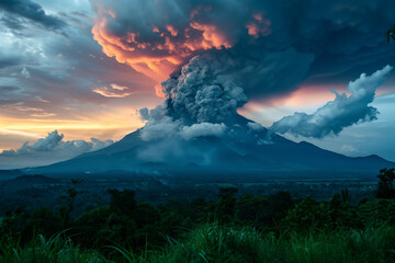 噴煙を上げる火山の風景