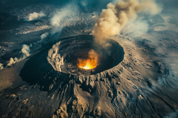噴煙を上げる火山の風景