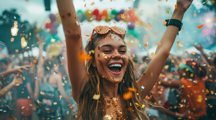 A young woman having fun at a music festival with a crowd and fireworks - obrazy, fototapety, plakaty