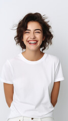 Fototapeta premium Portrait of cheerful young millennial woman model smiling sweetly with healthy dental care teeth isolated on white background