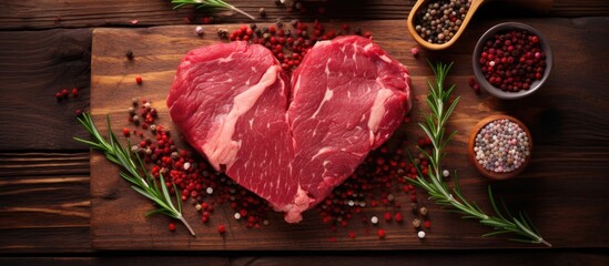 A raw heartshaped steak made of red meat, placed on a wooden cutting board. This ingredient can be used in various pork dishes and recipes