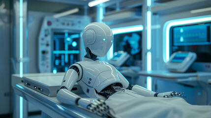 Fototapeta premium worker operating a machine, A futuristic scene depicting the integration of artificial intelligence and health IT to empower personalized healthcare recommendations and preventive services photography