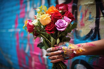 A hand holding a bouquet against a colorful graffiti wall.