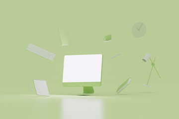 Computer monitor with ofice icon, business finance float on pastel green background. Social media marketing online, e commerce, digital store, shop app concept. Desktop blank white screen. 3d render.