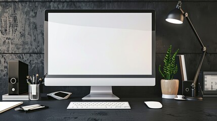 Mockup blank white screen computer on the office