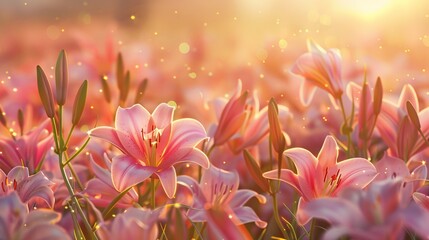 Sunrise Serenade in Pink Easter Lily Field. Generative AI.
