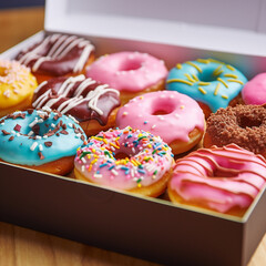 a variety of colorful gourmet donuts placed on a marble tabletop
