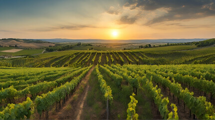 Fototapeta na wymiar panoramic view of a summer vineyard at sunset green .Generative AI