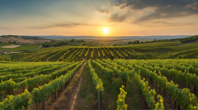 panoramic view of a summer vineyard at sunset green .Generative AI