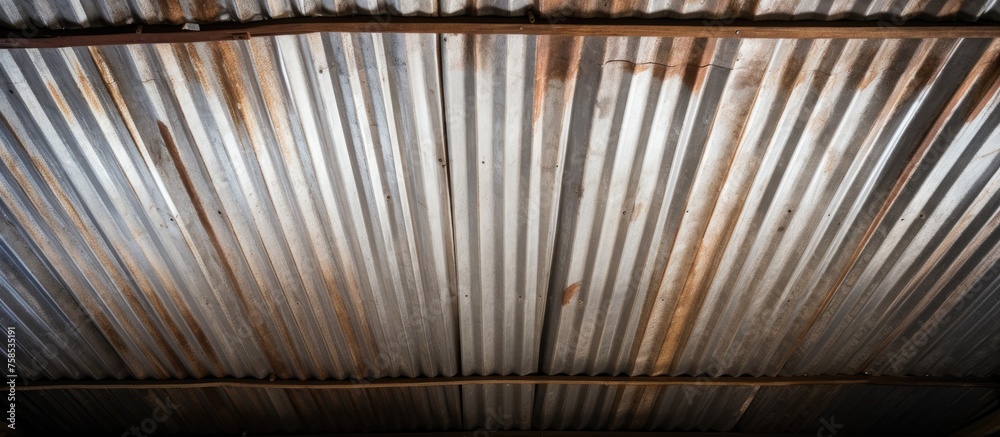 Poster a close up of a weatherworn corrugated metal roof showcasing the symmetrical pattern and tints and s