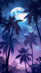 A serene night sky with a full moon illuminates the silhouettes of palm trees