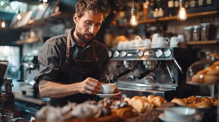 Man preparing coffee in cafe using kitchen appliance - obrazy, fototapety, plakaty