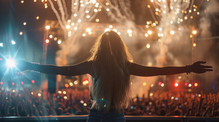 A young woman having fun at a music festival with a crowd and fireworks