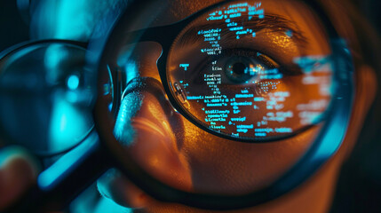 close up of a eye, An infographic showcasing a data analyst employing various data analytics to assess the effectiveness and efficiency of business processes photography - obrazy, fototapety, plakaty