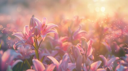 Obraz na płótnie Canvas Sunrise Serenade in Pink Easter Lily Field. Generative AI. 
