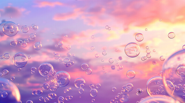 A myriad of bubbles floating gracefully in mid-air, creating a whimsical and enchanting sight. Background, backdrop, neon light, sunset.