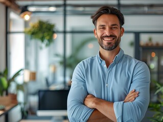 Fototapeta na wymiar portrait of a handsome smiling businessman standing with arms crossed in a modern office, wearing casual and with neat hair. generative AI