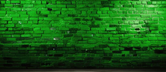 A rectangular green brick wall, illuminated in the dark, stands out among the natural landscape of grass and wood, creating a unique pattern in the terrestrial plantfilled environment