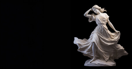 A beautiful ballerina dances on stage in a pink and gray flowing silk dress. Statue of a poised dancer, capturing the motion and fluidity of the human form in marble.
