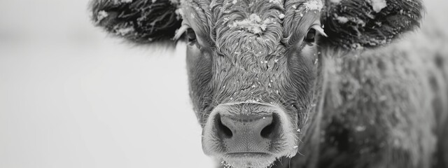 An affectionate portrayal of a dairy cow, its soft eyes and calm demeanor captured against a white background, reflecting the serene farm life  - obrazy, fototapety, plakaty