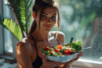 Beautiful fit woman eating healthy salad after fitness workout