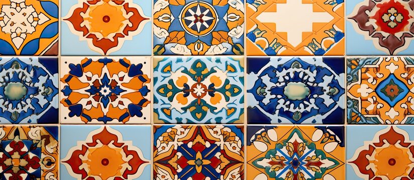 A close up photograph of a vibrant blue and yellow tile wall with a intricate pattern, showcasing the creative arts and symmetry in textile art