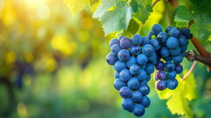 Close-up of ripe blue grape clusters on the vine in sunlight.