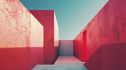 Naklejka premium Modern urban architecture with red geometric shapes forming a maze-like alley.