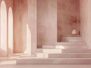 Pastel tones in architectural geometry with stair-like forms and arched openings.