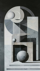 Geometric composition with spherical and cubical shapes and a play of shadows.