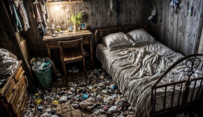 A very dirty and cluttered room of a lonely person with mental issue. Room is filled with trash and grime.