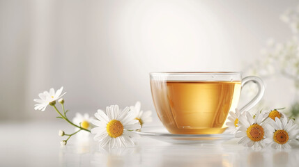Fototapeta na wymiar Chamomile tea in clear glass with white flowers around, a soothing drink concept.