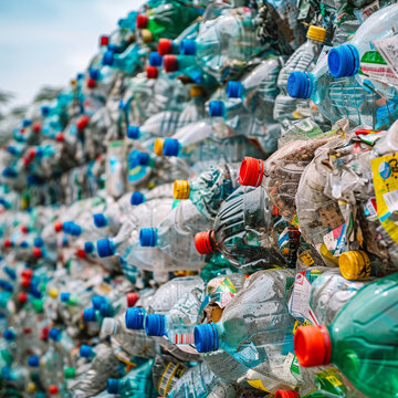 A wall of compressed plastic bottles symbolizes recycling challenges.
