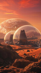 Fototapeta na wymiar Transparent domes in a desert landscape evoke a Martian colony.