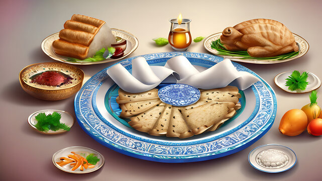 Wonderful A happy passover banner with flowers and a plate of food