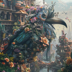 Fantastical illustration of floral-covered bird in lush, imaginative environment.