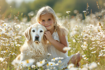 Beautiful little girl with her Golden Retriever dog in daisy field on a summer day
