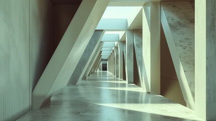 Obraz premium Modern architectural corridor with geometric shapes and sunlight casting shadows